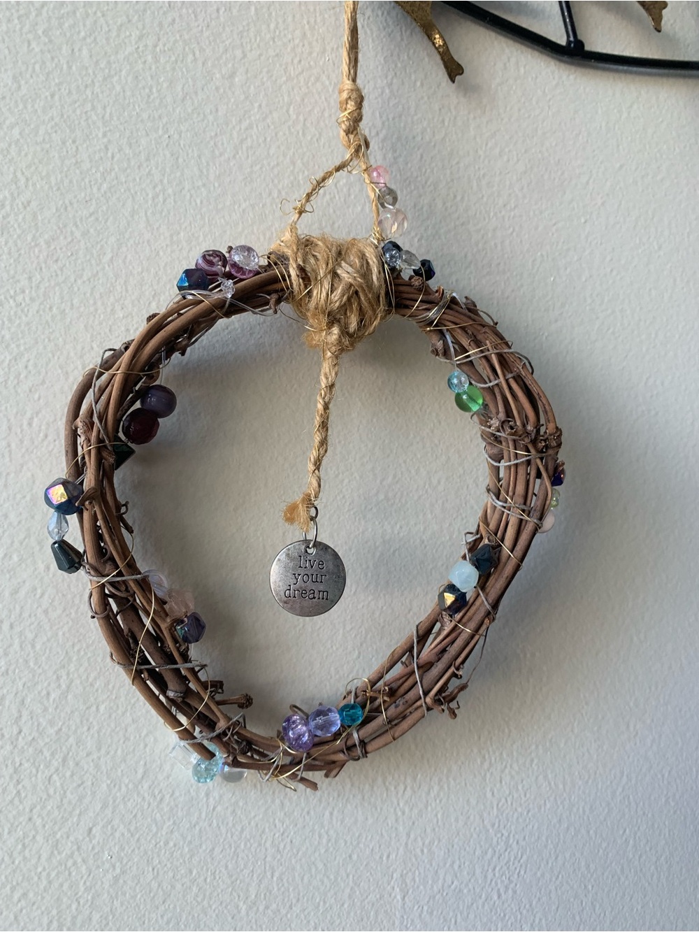 Handcrafted Brown Willow Wreath with Beads and Live Your Dream Charm